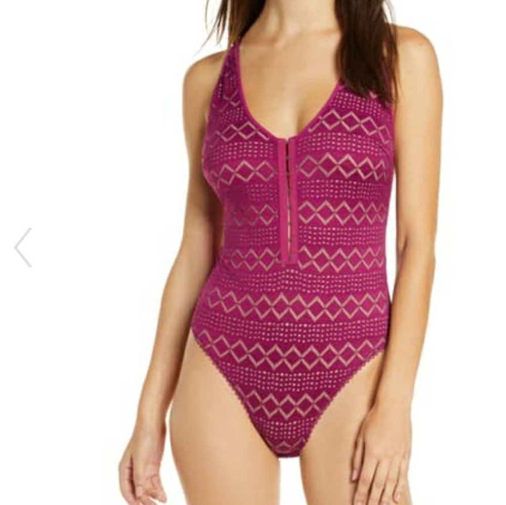 Free People Thank You Never Magenta Mesh Bodysuit Small